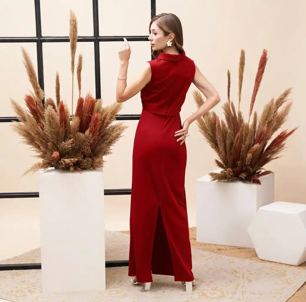 Collared Overlap Detail Maxi Dress with Back Slit