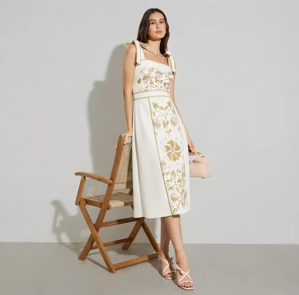 White Floral Midi Dress with Tie-Strap