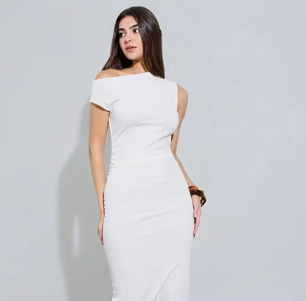 White Solid Asymmetric Neck Bodycon Midi Dress