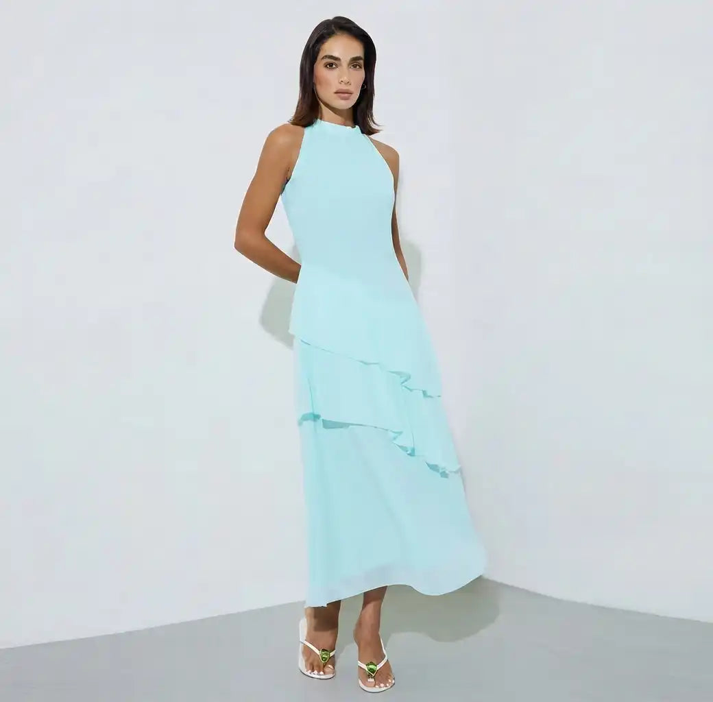 Aqua Sleeveless Ruched A-Line Maxi Dress