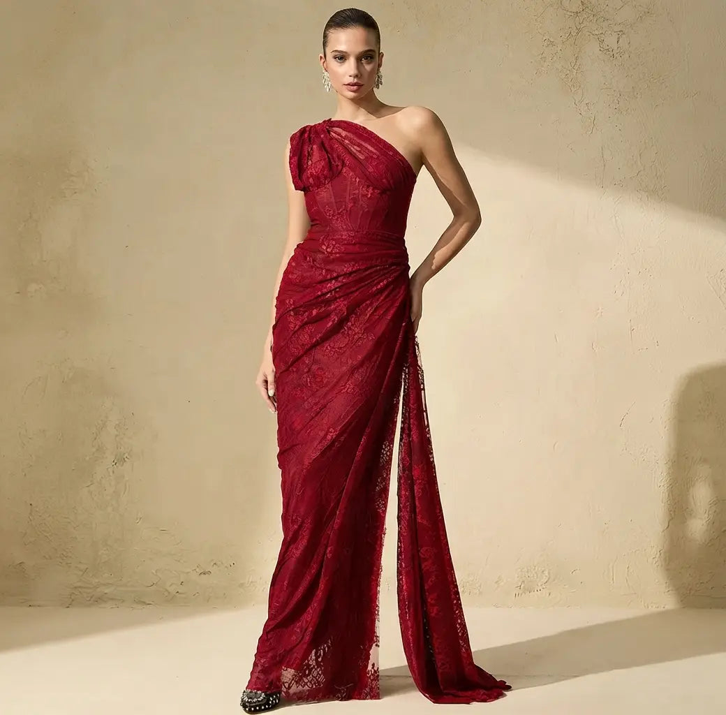 Quite Perfect Red One-Shoulder Lace Corset Maxi Dress