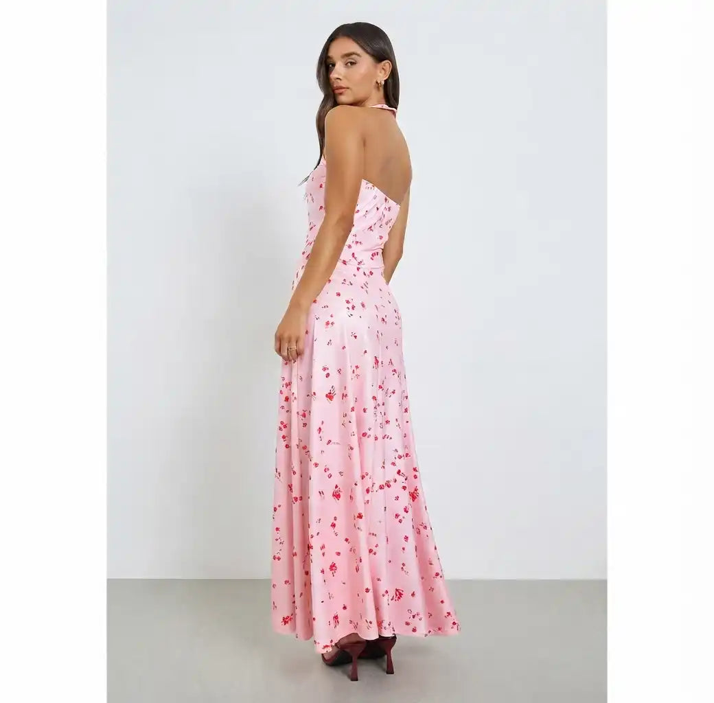 Pink Floral Halter Neck Maxi Dress