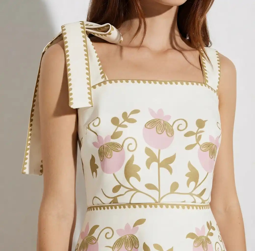 White Floral Midi Dress with Tie-Strap