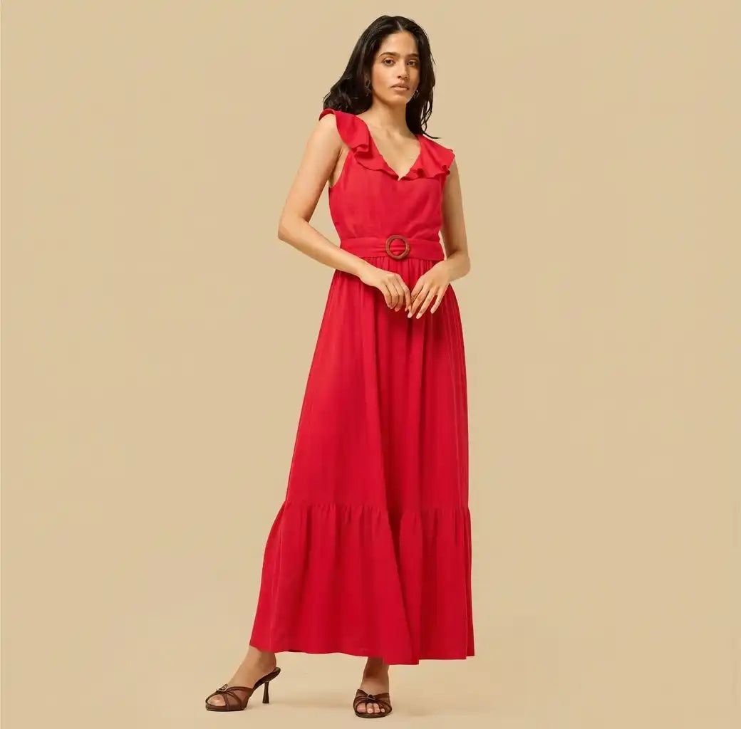 Tiered V Neck Sleeveless Maxi Dress