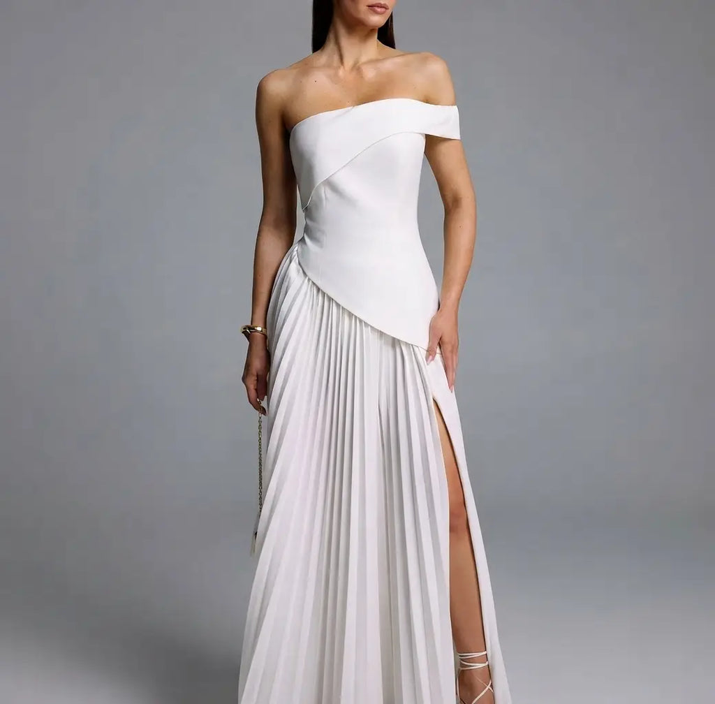 Vickee Elegant Tailored Off Shoulder Asymmetric Pleated Maxi Dress