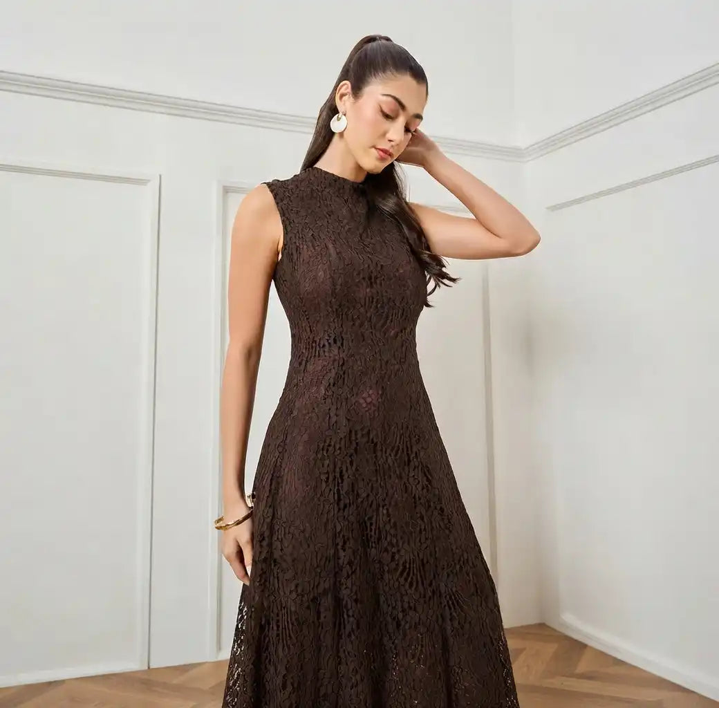 Brown Sleeveless Lace Maxi Dress