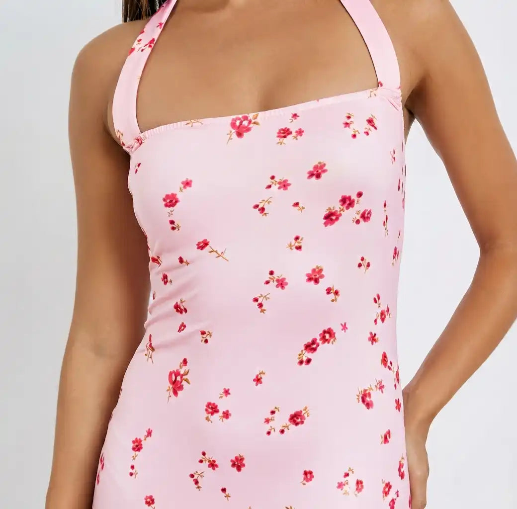Pink Floral Halter Neck Maxi Dress