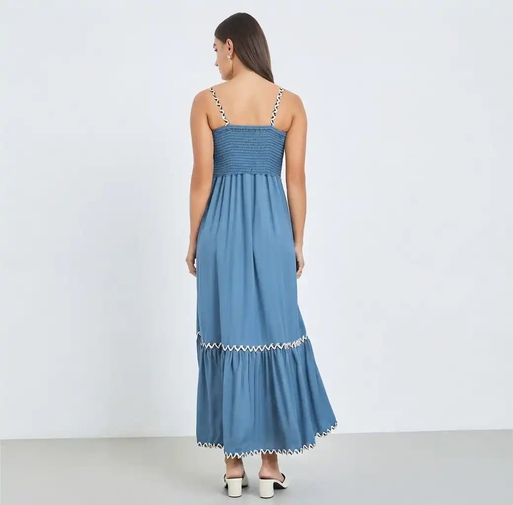 Blue Ric-Rac Trim Strappy Maxi Dress