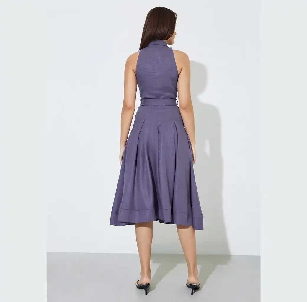 Purple Sleeveless Shirt Midi Dress with Tie-Belt