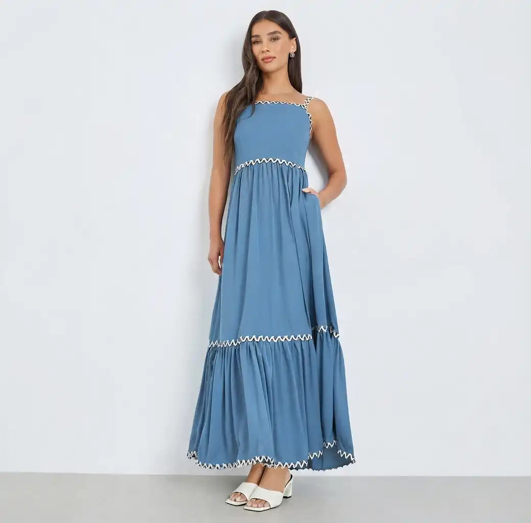 Blue Ric-Rac Trim Strappy Maxi Dress