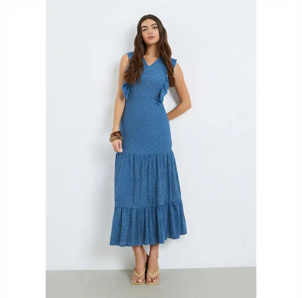 Blue Ruffle Detail Eyelet Tiered Maxi Dress