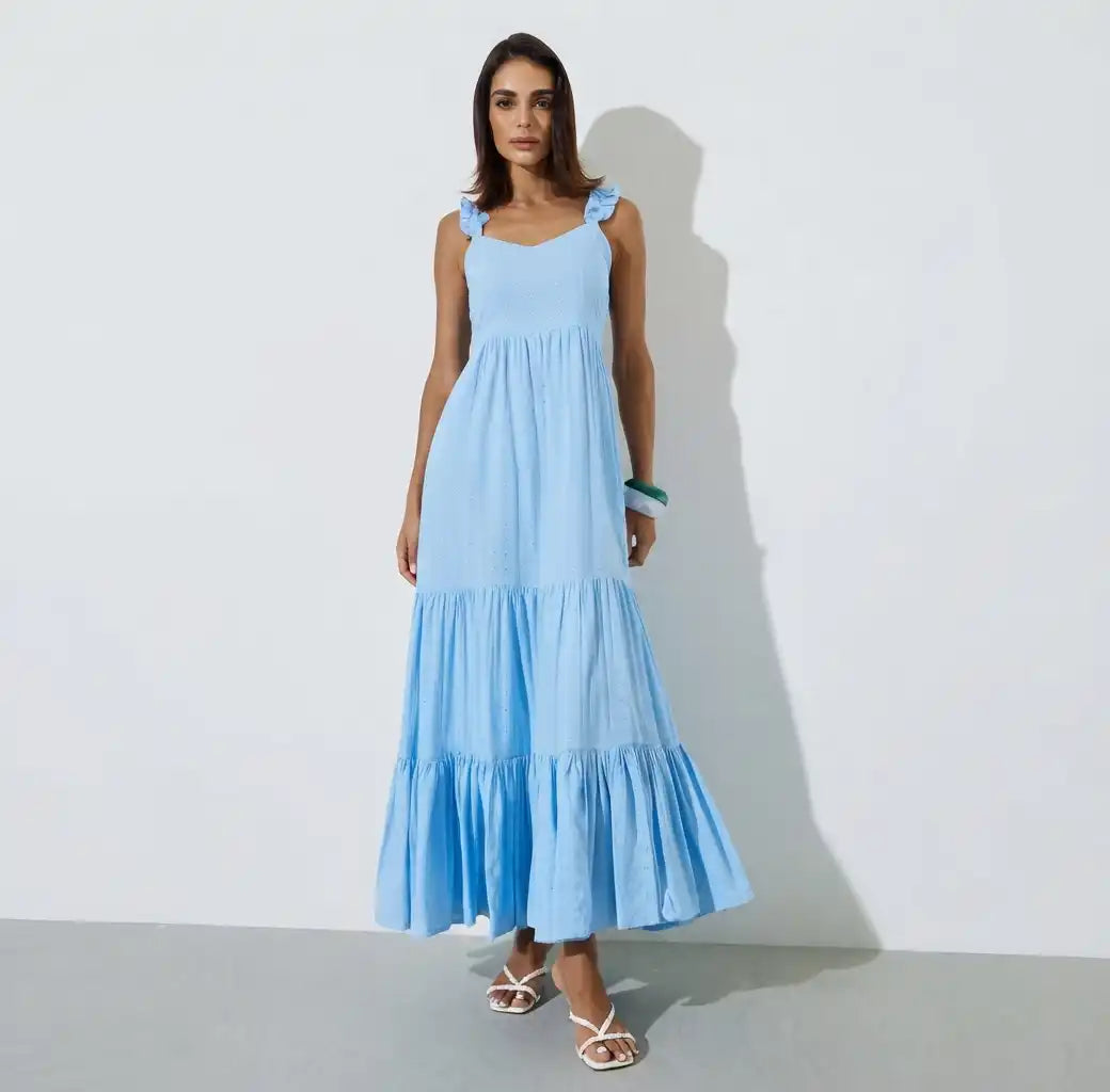 Blue Ruffle Strap Schiffli Tiered Maxi Dress