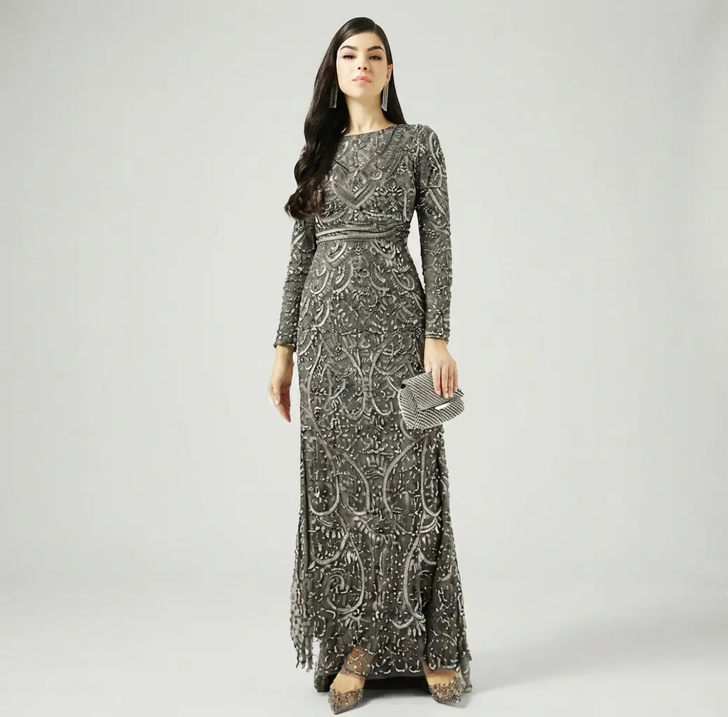 Boat Neck Sequin Maxi Dress