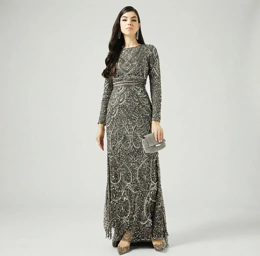 Boat Neck Sequin Maxi Dress