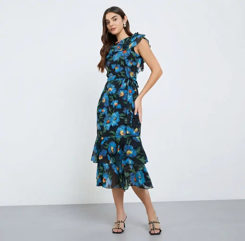 Women Floral Print Frill Sleeves Sheath Midi Dress