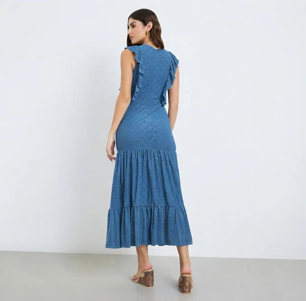 Blue Ruffle Detail Eyelet Tiered Maxi Dress