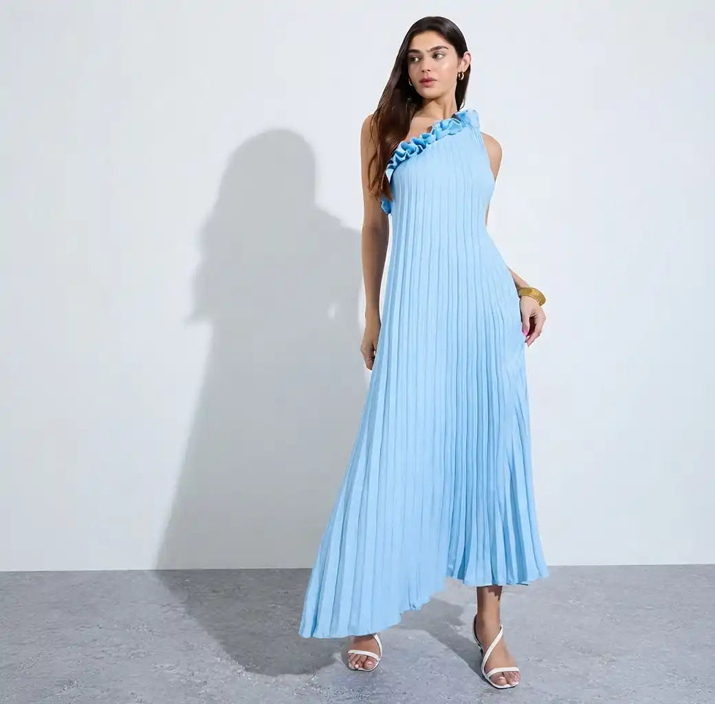 Blue One-Shoulder Pleated Maxi Dress