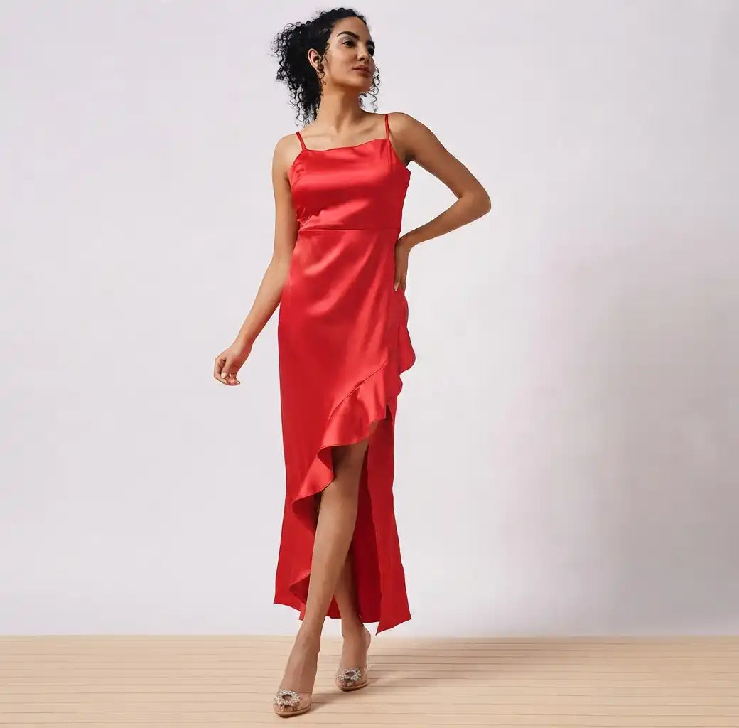 Women Red Solid Satin Asymmetric Hem Sheath Maxi Dress with Ruffle Detail