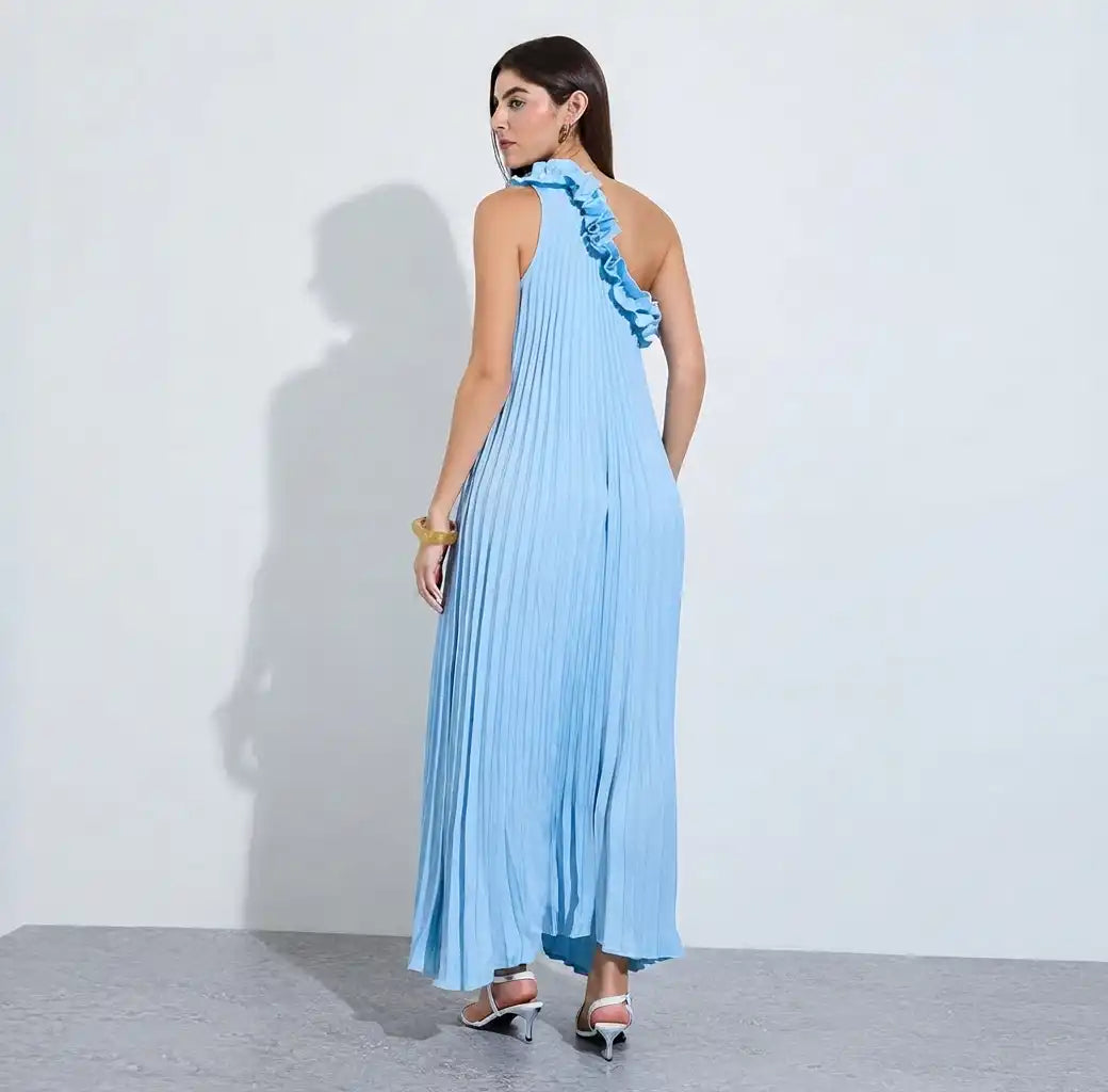 Blue One-Shoulder Pleated Maxi Dress