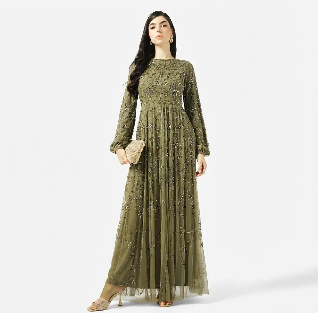 Boat Neck Sequin Maxi Dress