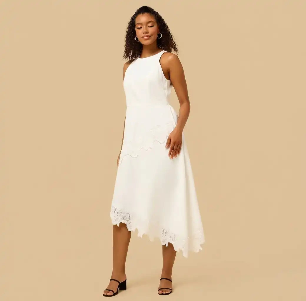 Lace Trim Asymmetric Sleeveless Poplin Dress