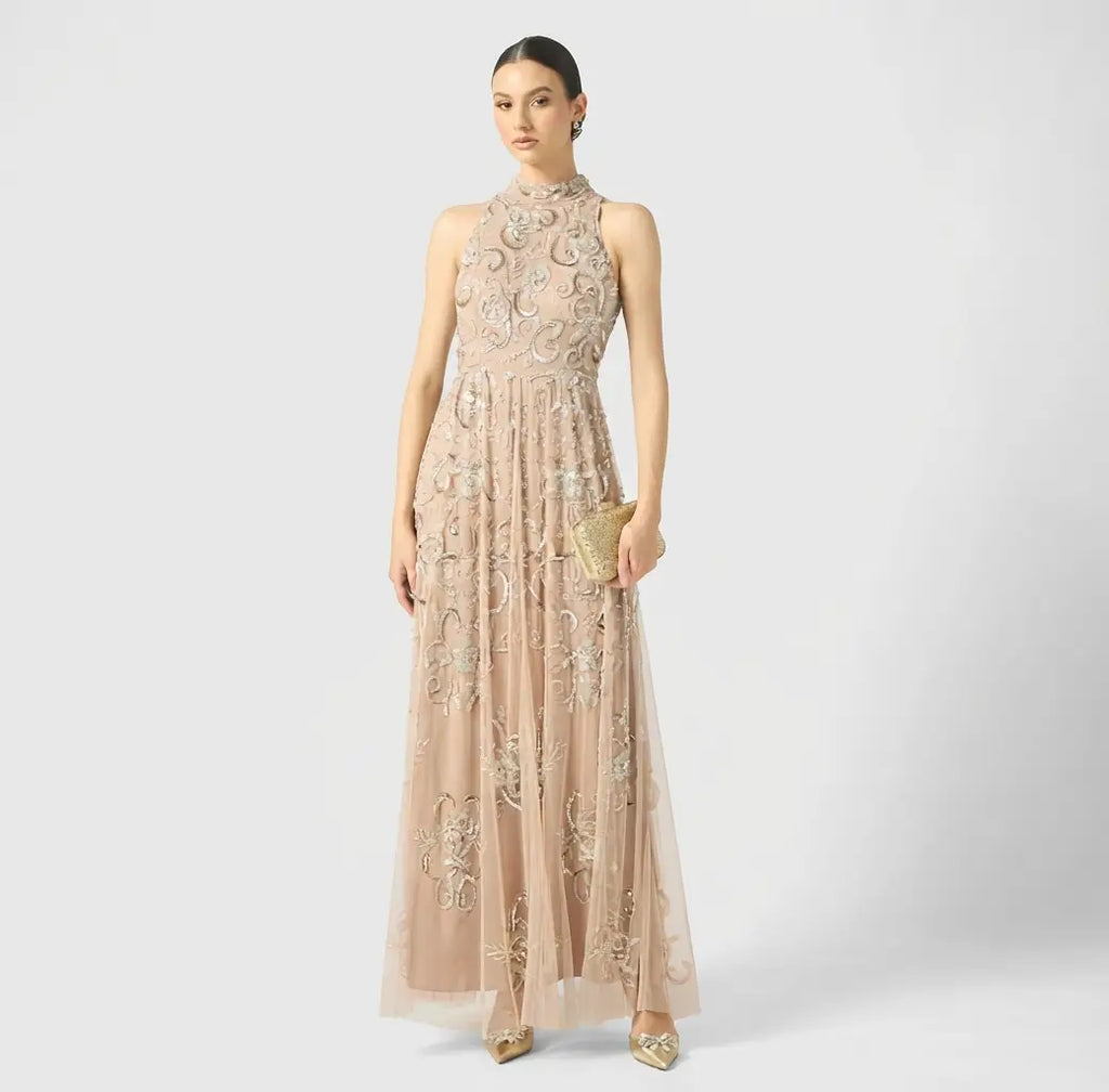 Rayna Embellished Halter Neck Sequin Maxi Dress