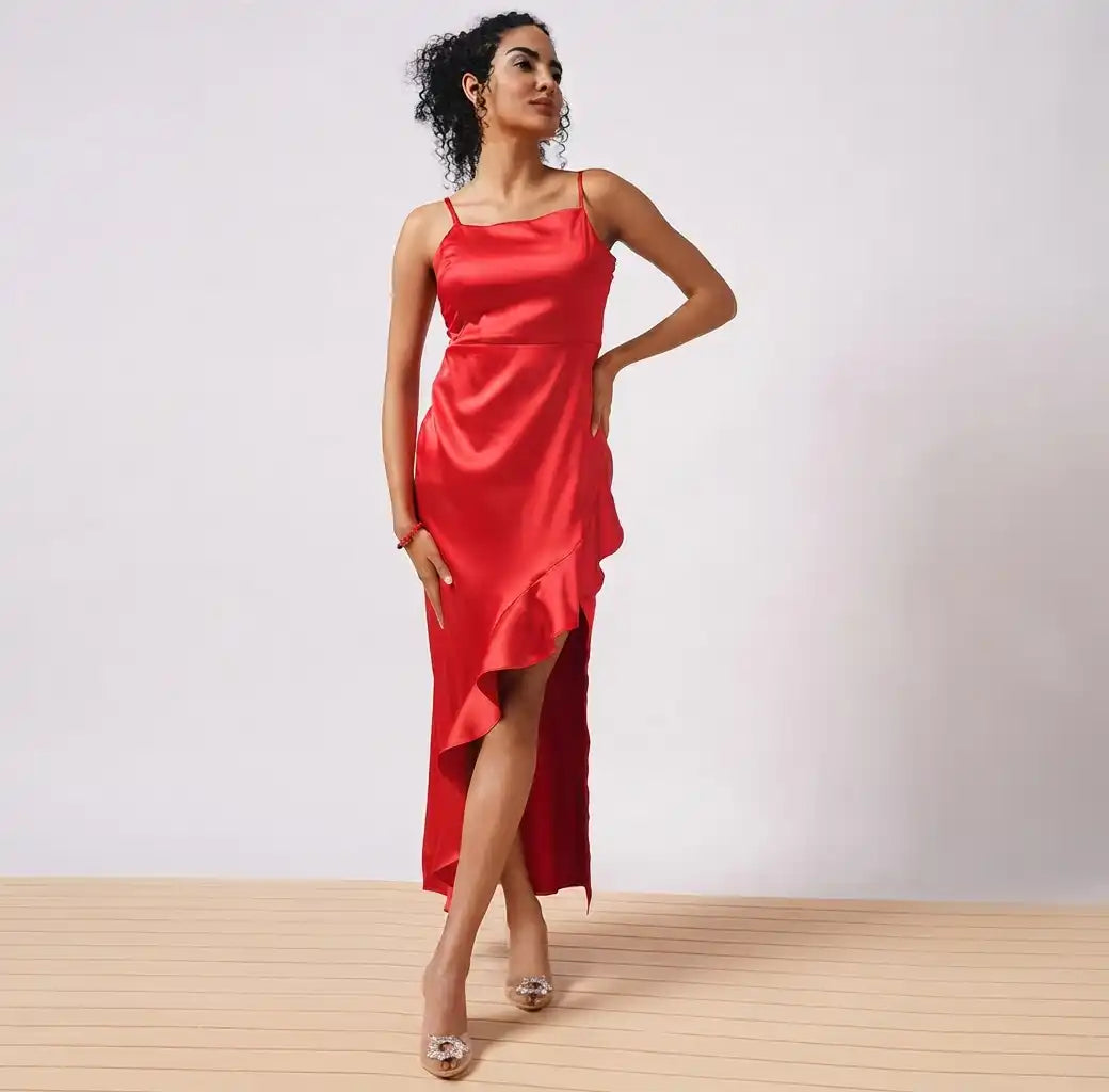 Women Red Solid Satin Asymmetric Hem Sheath Maxi Dress with Ruffle Detail
