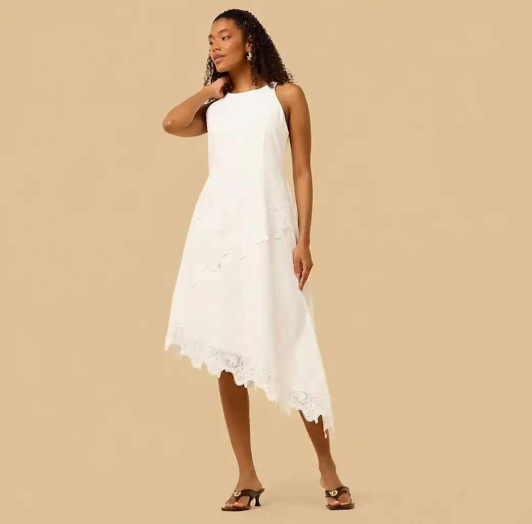 Lace Trim Asymmetric Sleeveless Poplin Dress