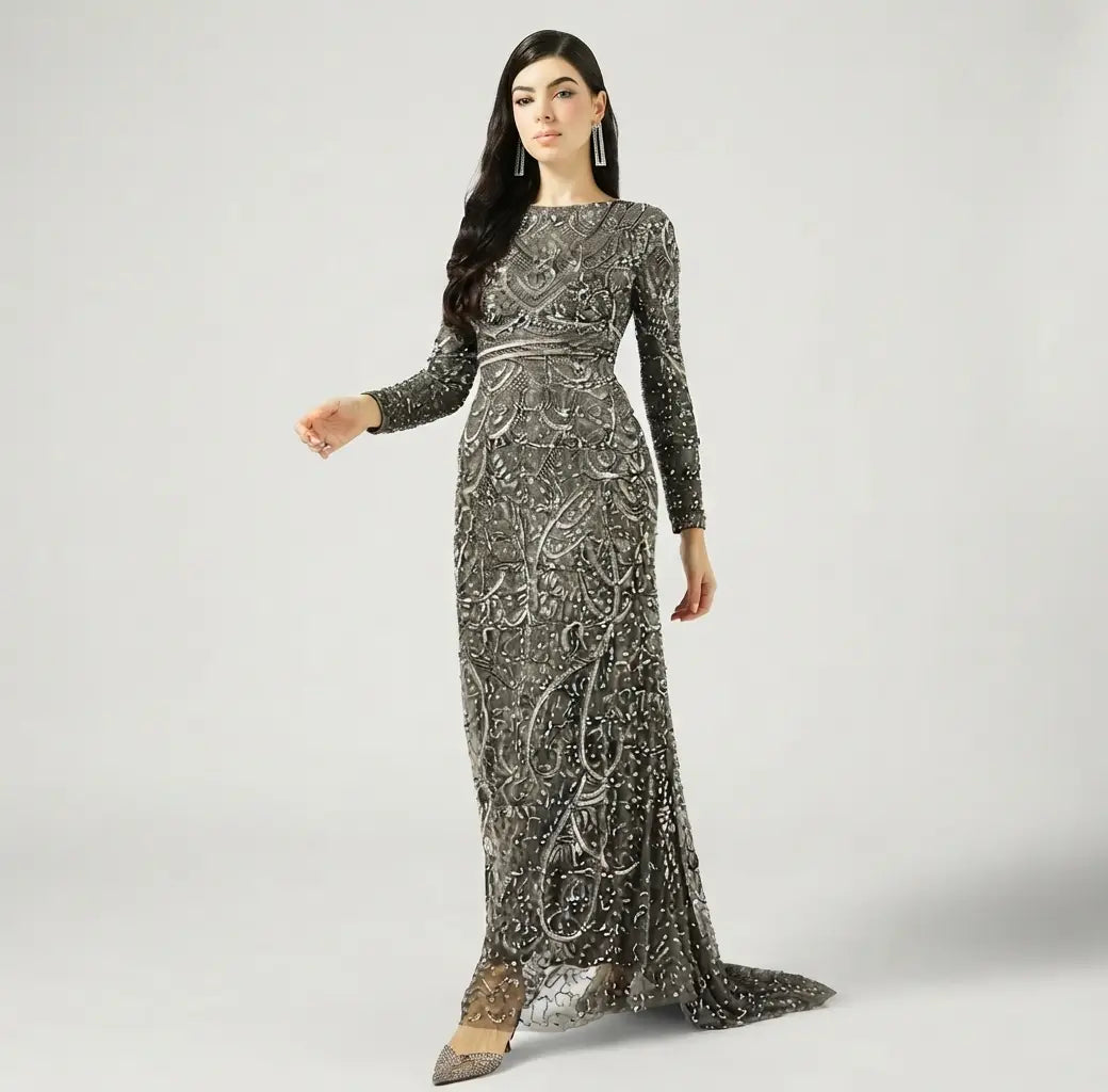 Boat Neck Sequin Maxi Dress
