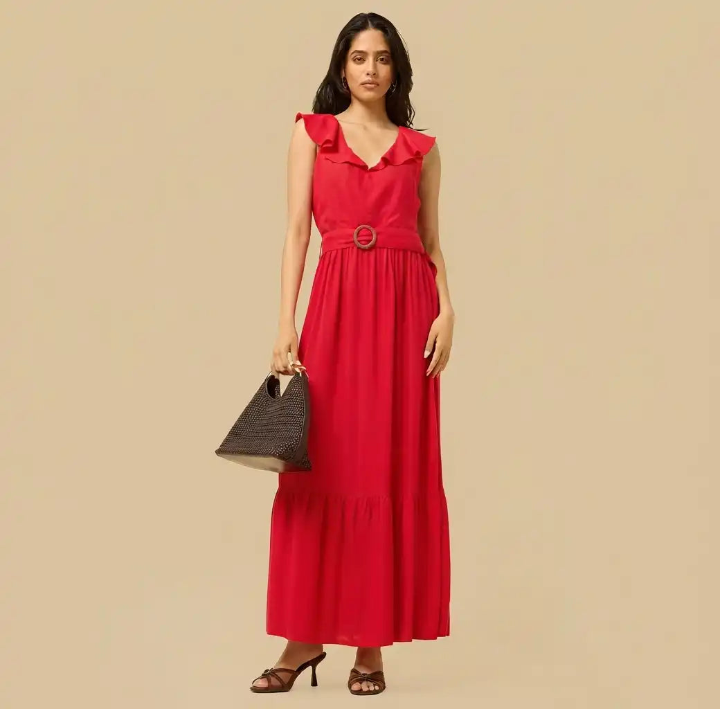 Tiered V Neck Sleeveless Maxi Dress