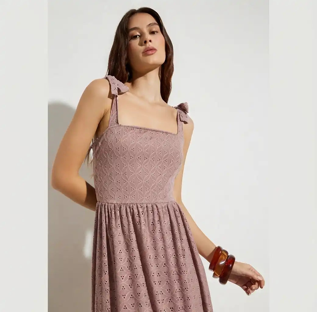 Dusty Rose Eyelet Lace Tie-Strap Maxi Dress