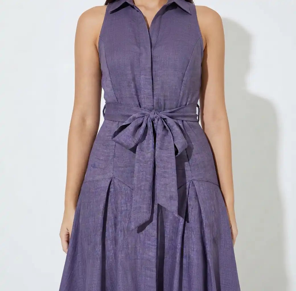 Purple Sleeveless Shirt Midi Dress with Tie-Belt