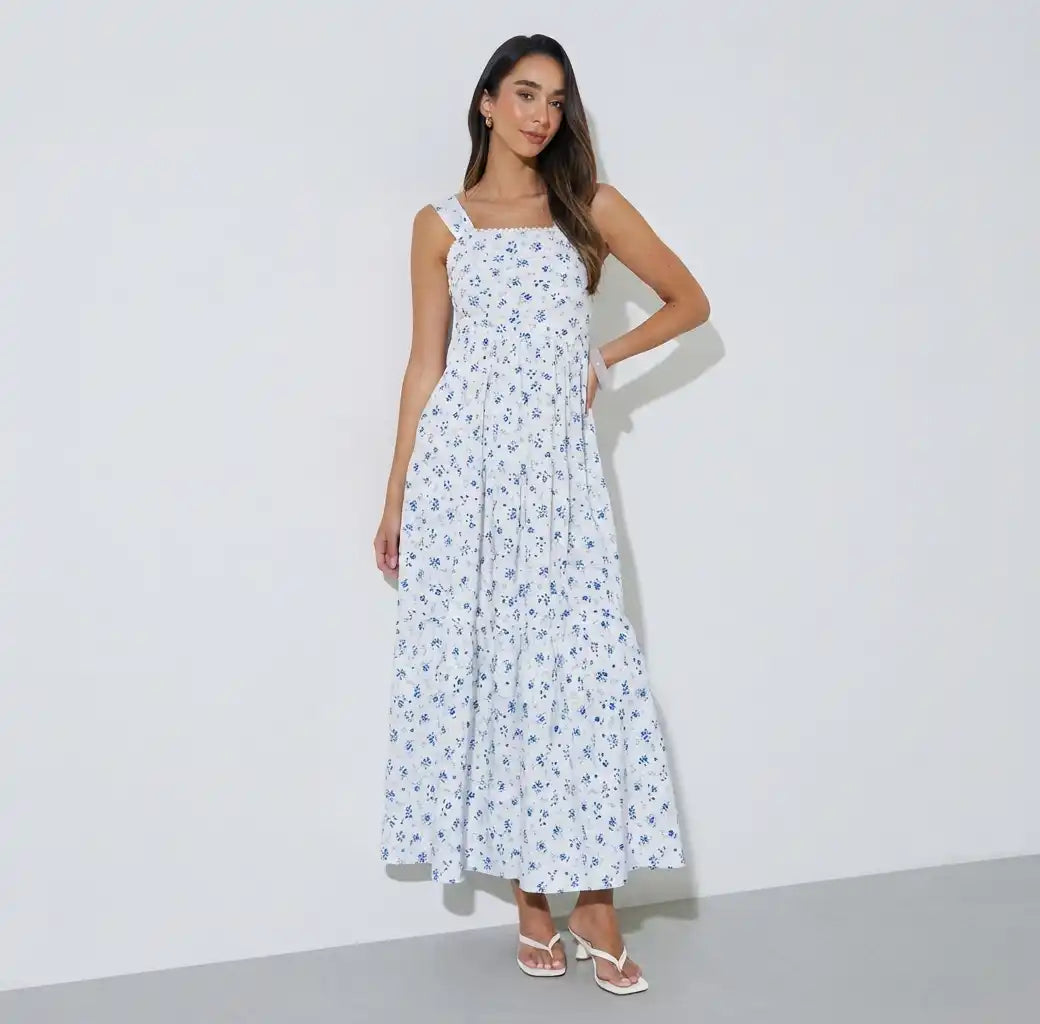 White Ditsy Print Sleeveless Tiered Maxi Dress