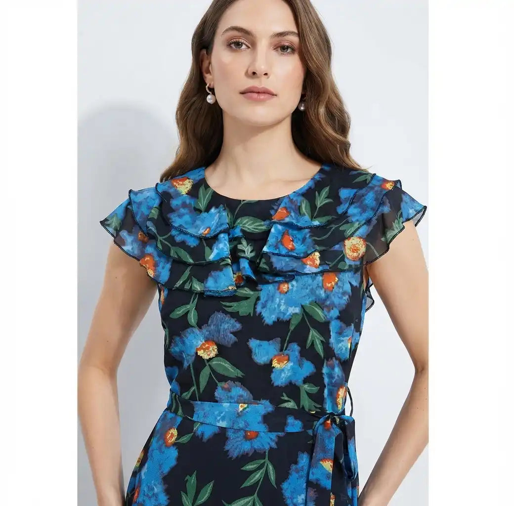 Women Floral Print Frill Sleeves Sheath Midi Dress