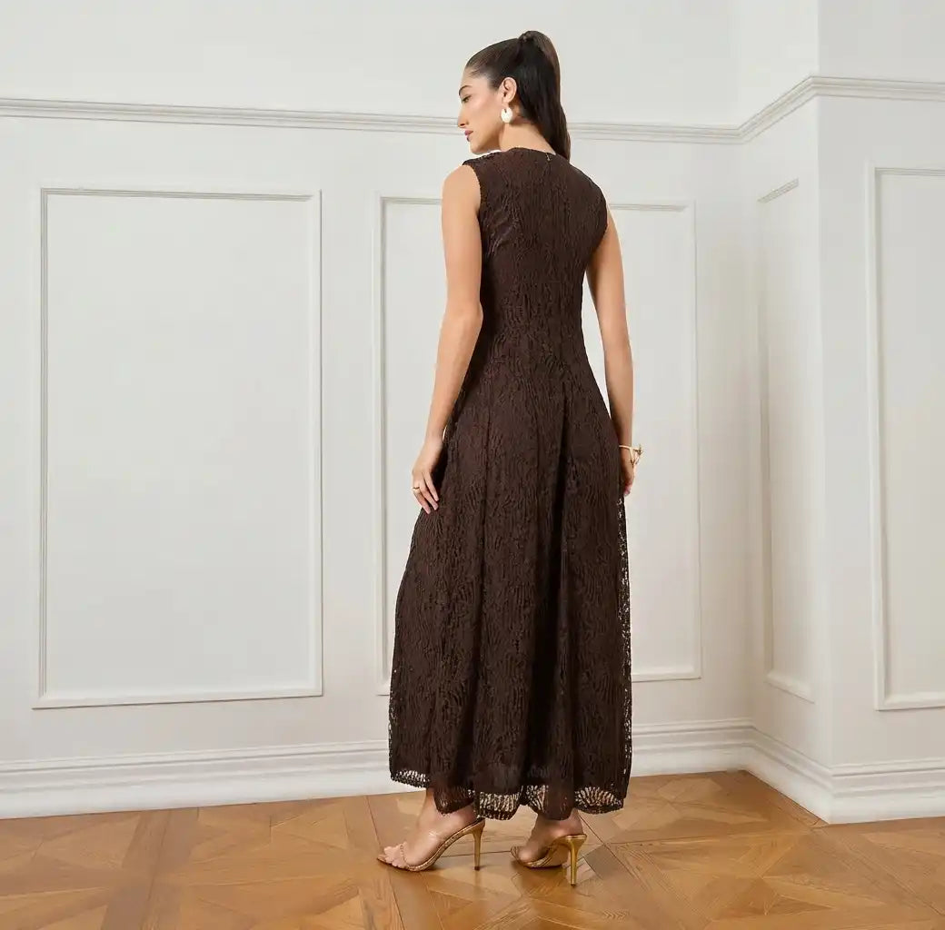 Brown Sleeveless Lace Maxi Dress