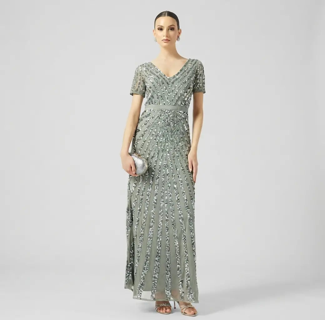 Stripe Embellished Short Sleeve Maxi Dress