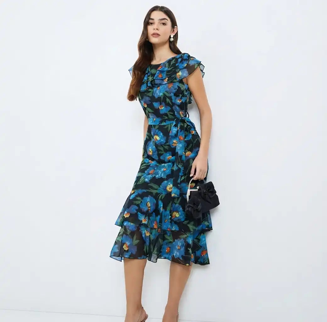 Women Floral Print Frill Sleeves Sheath Midi Dress