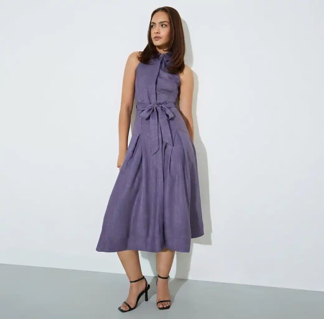 Purple Sleeveless Shirt Midi Dress with Tie-Belt
