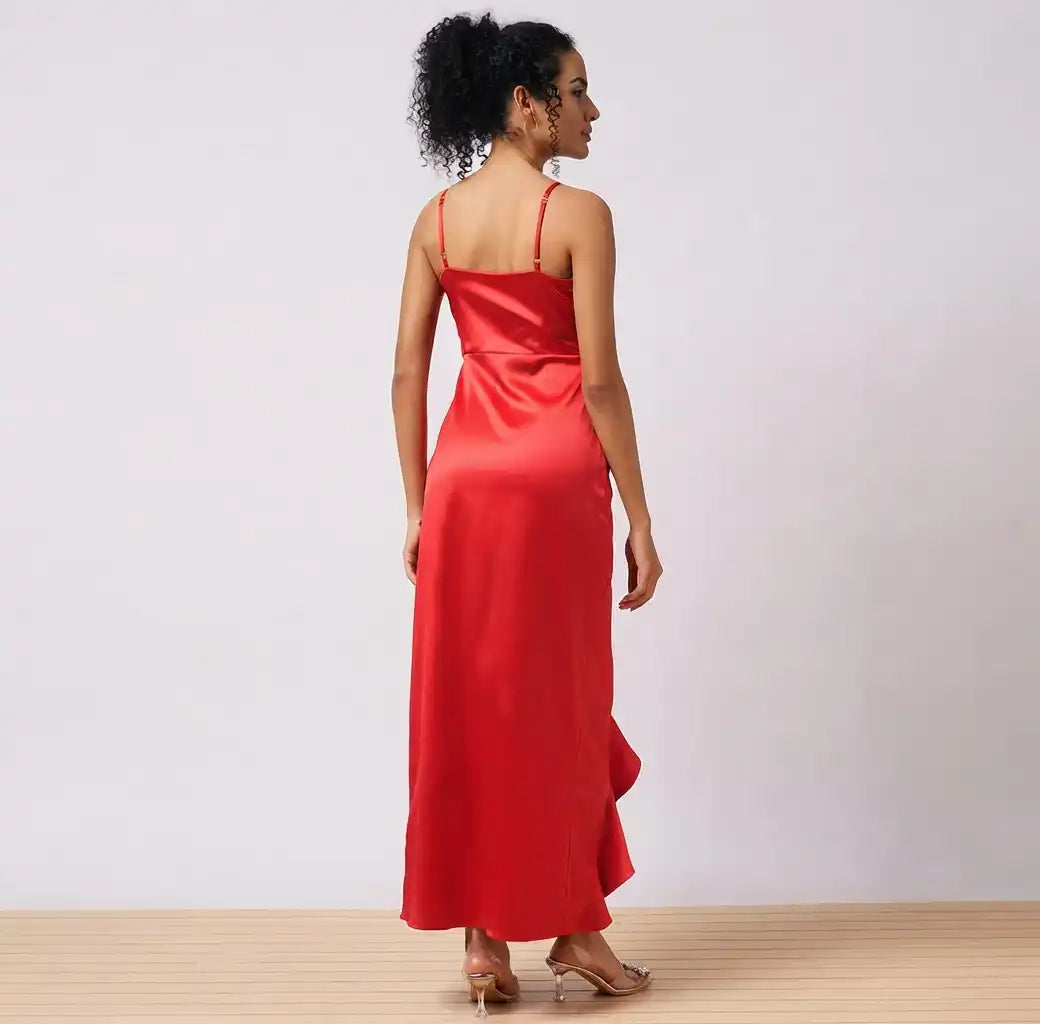 Women Red Solid Satin Asymmetric Hem Sheath Maxi Dress with Ruffle Detail