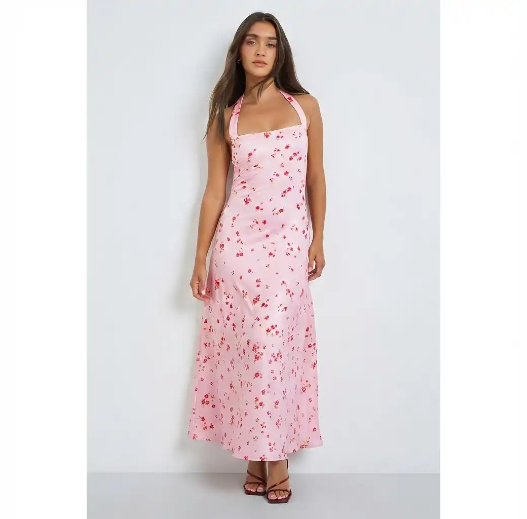 Pink Floral Halter Neck Maxi Dress