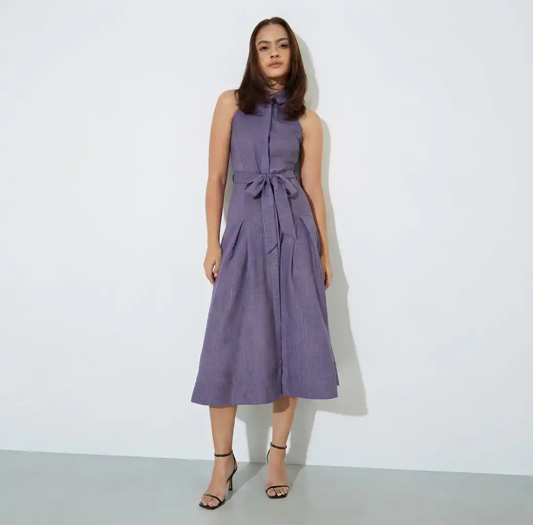 Purple Sleeveless Shirt Midi Dress with Tie-Belt