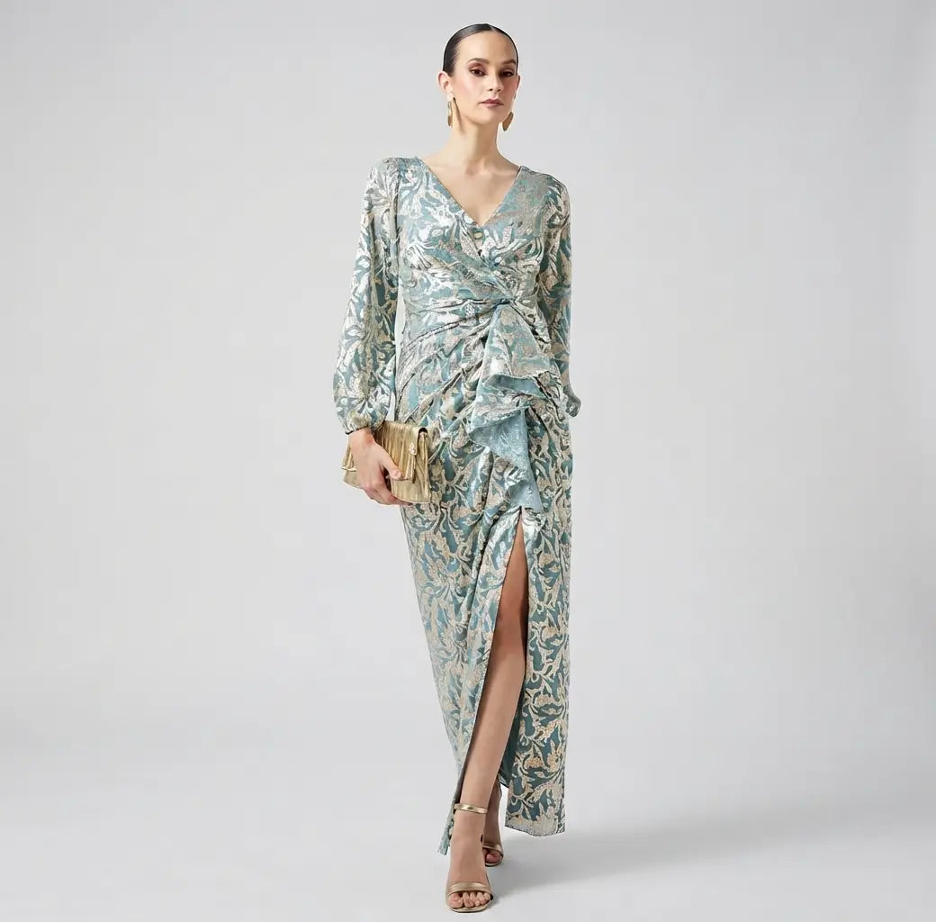 Metallic Crinkle Gown Dress