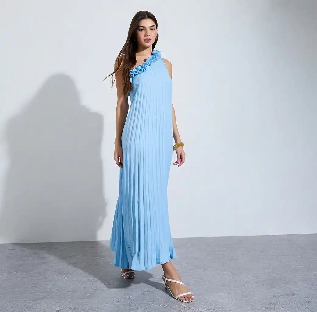 Blue One-Shoulder Pleated Maxi Dress