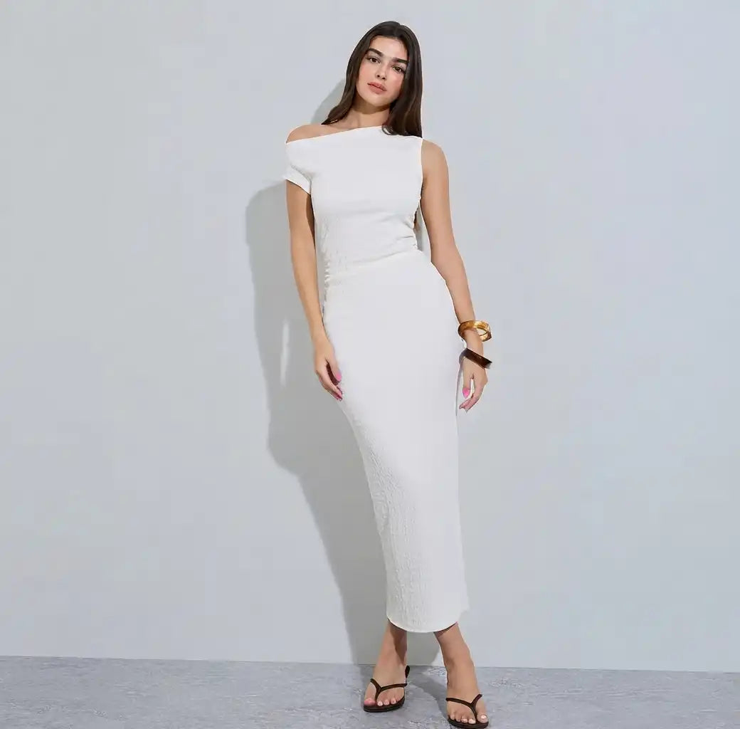 White Solid Asymmetric Neck Bodycon Midi Dress