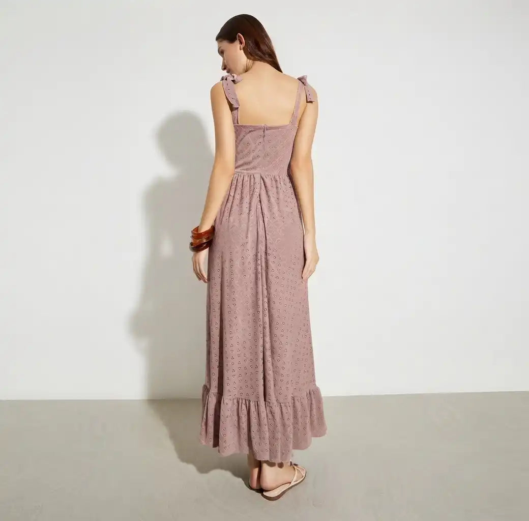 Dusty Rose Eyelet Lace Tie-Strap Maxi Dress