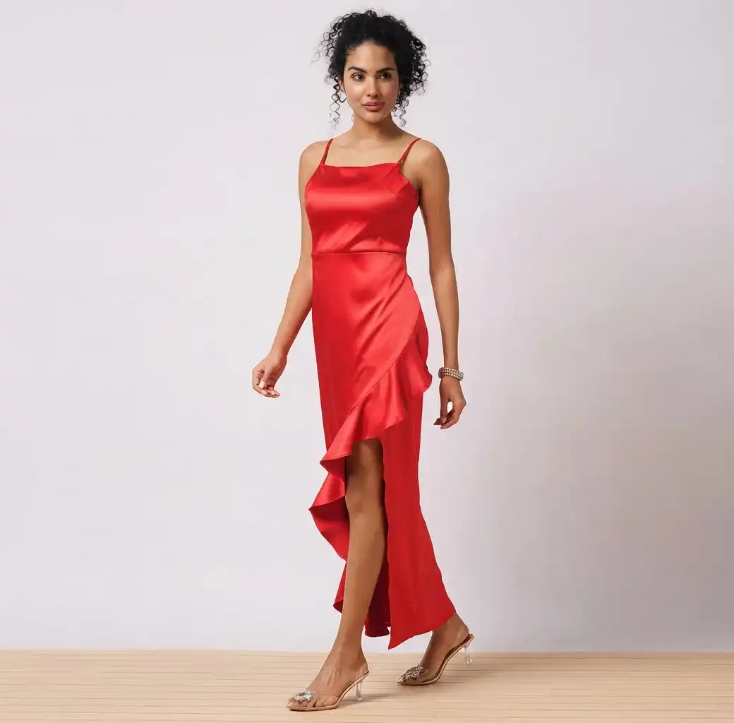Women Red Solid Satin Asymmetric Hem Sheath Maxi Dress with Ruffle Detail