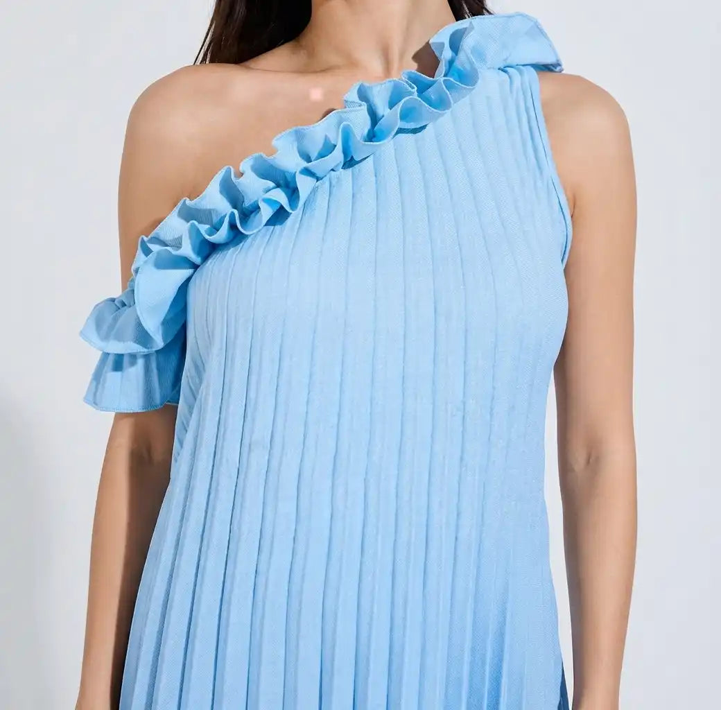 Blue One-Shoulder Pleated Maxi Dress