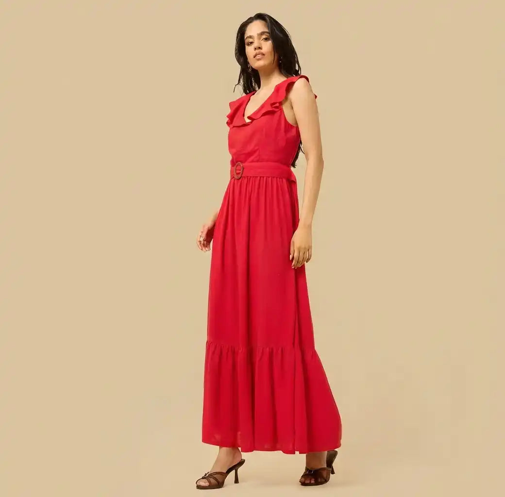 Tiered V Neck Sleeveless Maxi Dress