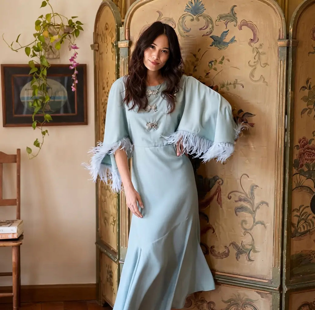 Embellished Bows Flutter Sleeve Feather Trim Midi Dress