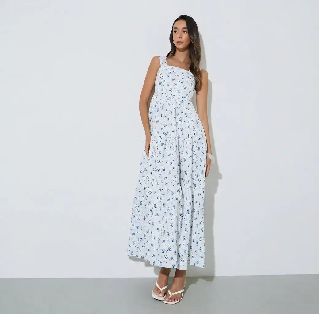 White Ditsy Print Sleeveless Tiered Maxi Dress
